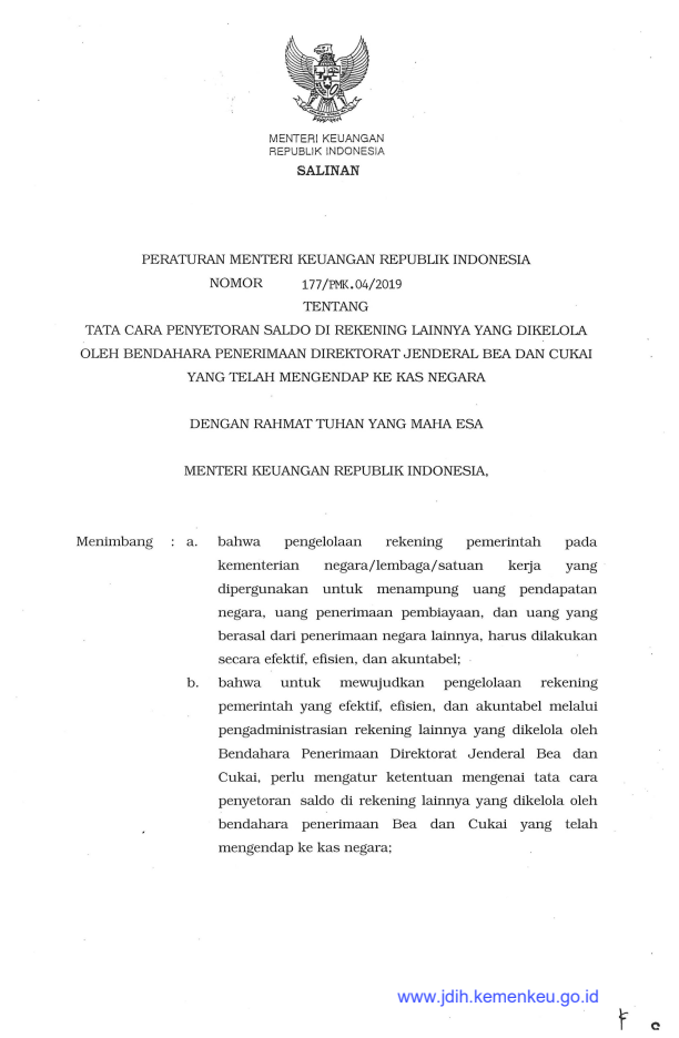 Peraturan Menteri Keuangan Nomor 177/PMK.04/2019