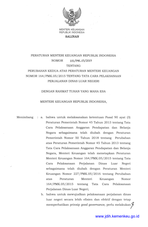 Peraturan Menteri Keuangan Nomor 181/PMK.05/2019