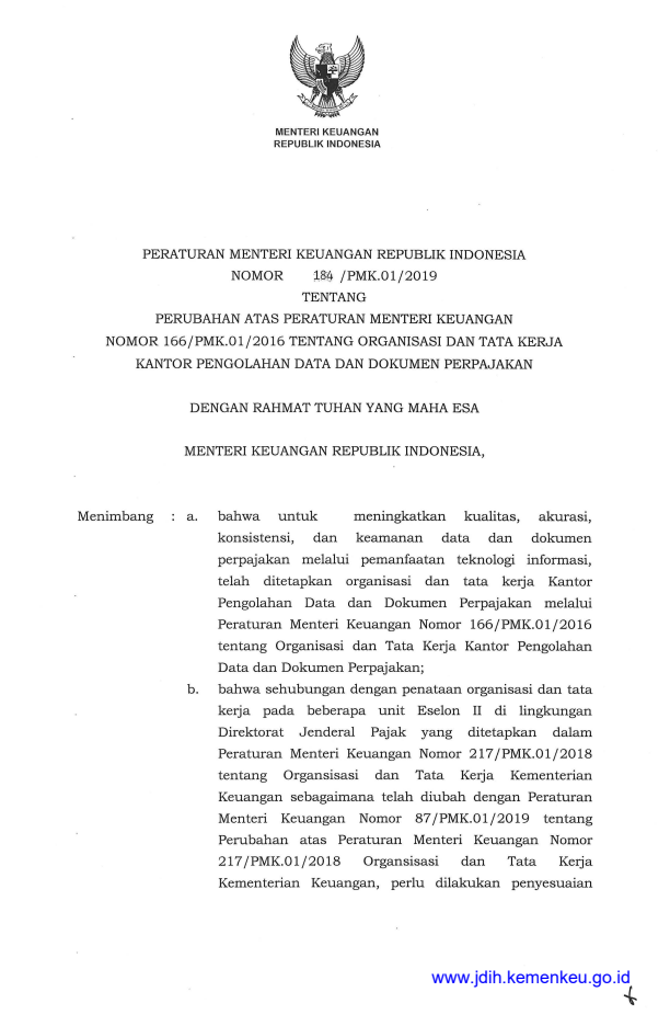 Peraturan Menteri Keuangan Nomor 184/PMK.01/2019