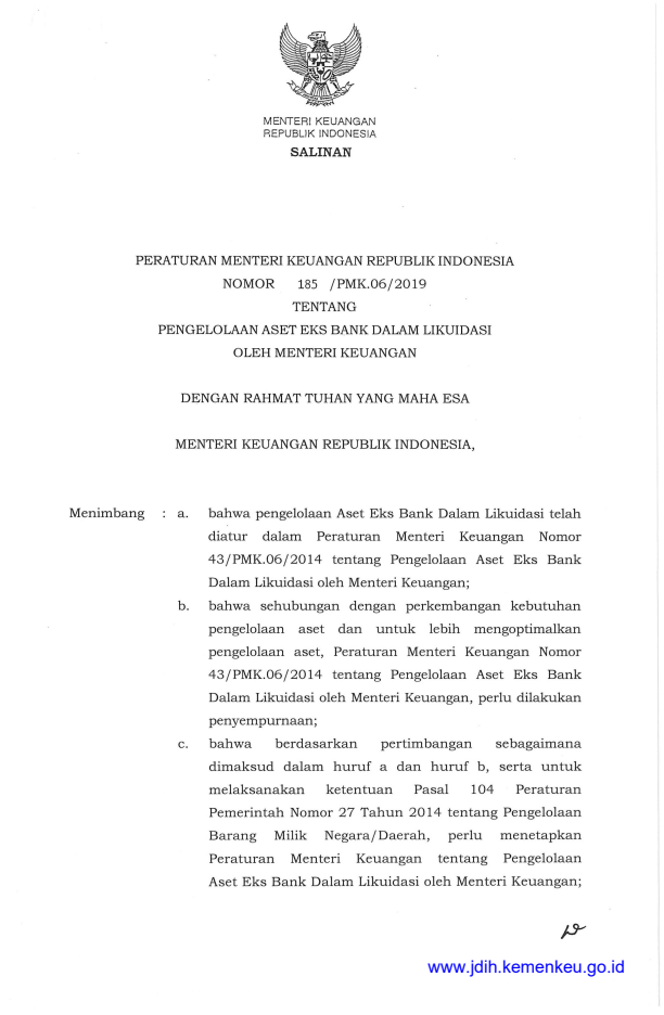 Peraturan Menteri Keuangan Nomor 185/PMK.06/2019