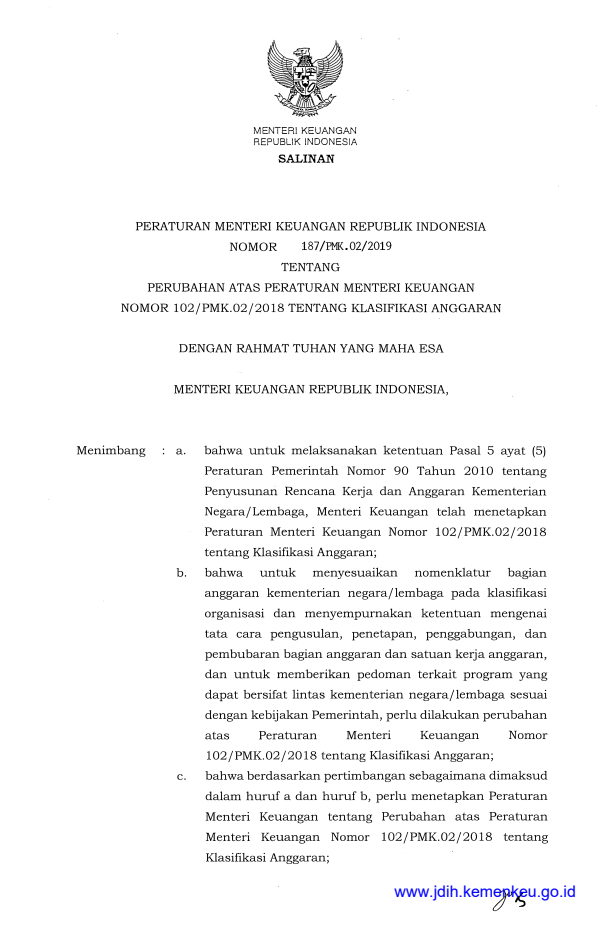 Peraturan Menteri Keuangan Nomor 187/PMK.02/2019