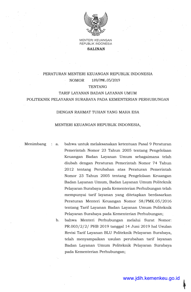 Peraturan Menteri Keuangan Nomor 189/PMK.05/2019