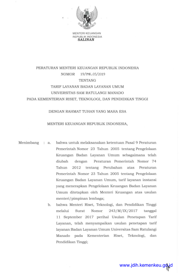 Peraturan Menteri Keuangan Nomor 19/PMK.05/2019