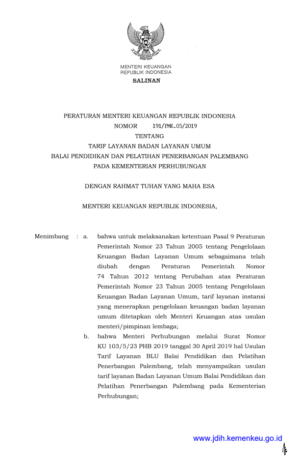 Peraturan Menteri Keuangan Nomor 191/PMK.05/2019