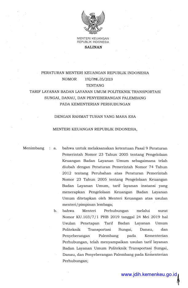 Peraturan Menteri Keuangan Nomor 192/PMK.05/2019