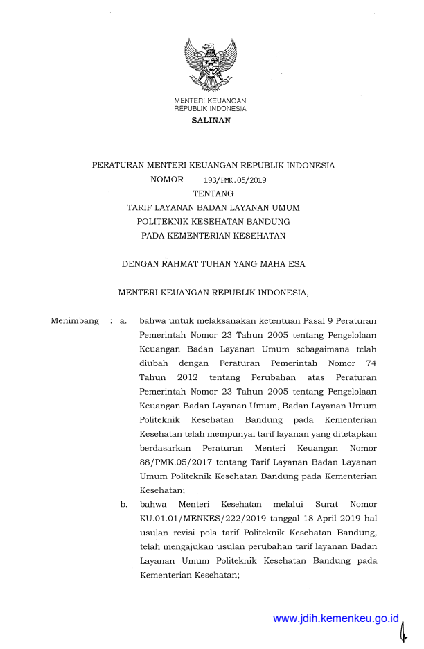 Peraturan Menteri Keuangan Nomor 193/PMK.05/2019