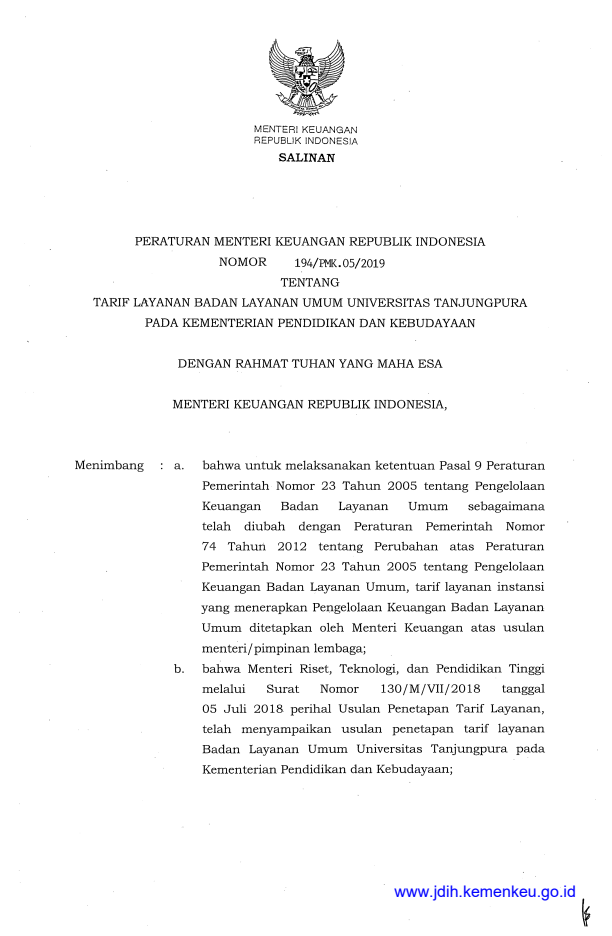 Peraturan Menteri Keuangan Nomor 194/PMK.05/2019