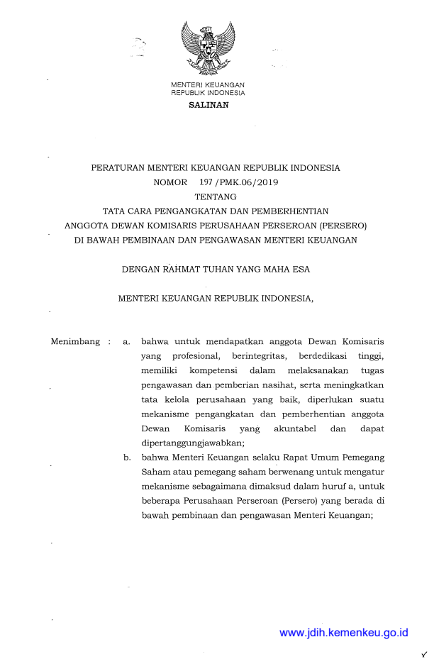 Peraturan Menteri Keuangan Nomor 197/PMK.06/2019