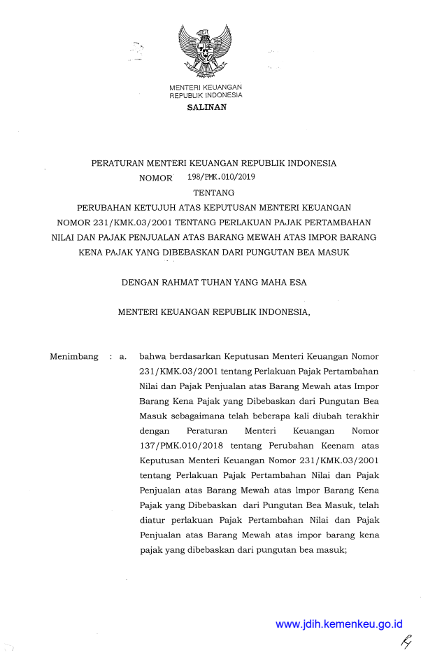 Peraturan Menteri Keuangan Nomor 198/PMK.010/2019