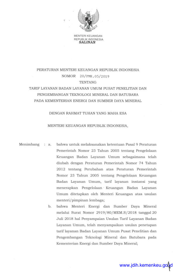 Peraturan Menteri Keuangan Nomor 20/PMK.05/2019