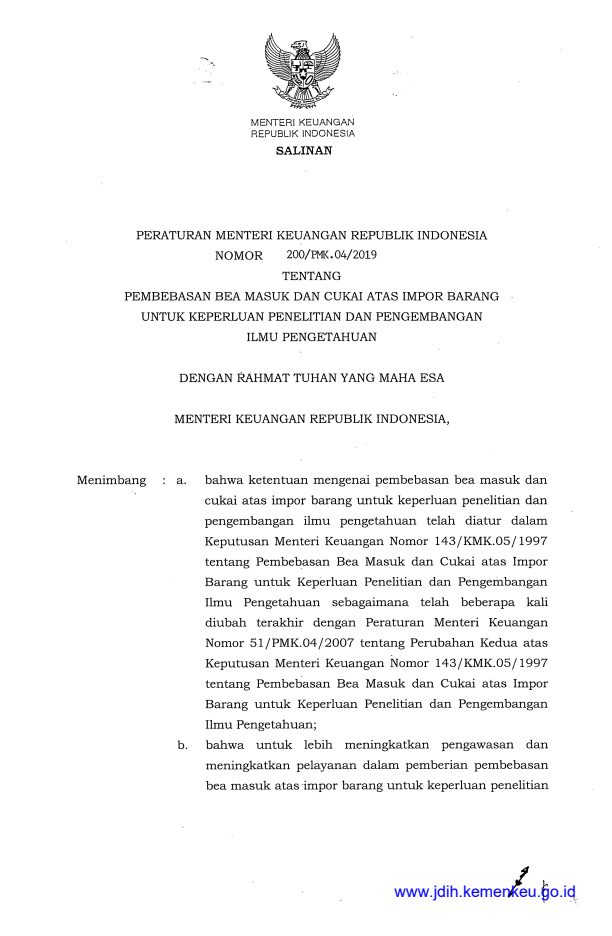 Peraturan Menteri Keuangan Nomor 200/PMK.04/2019