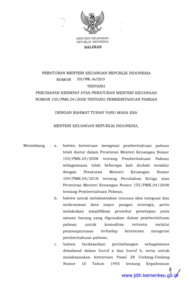 Peraturan Menteri Keuangan Nomor 201/PMK.04/2019