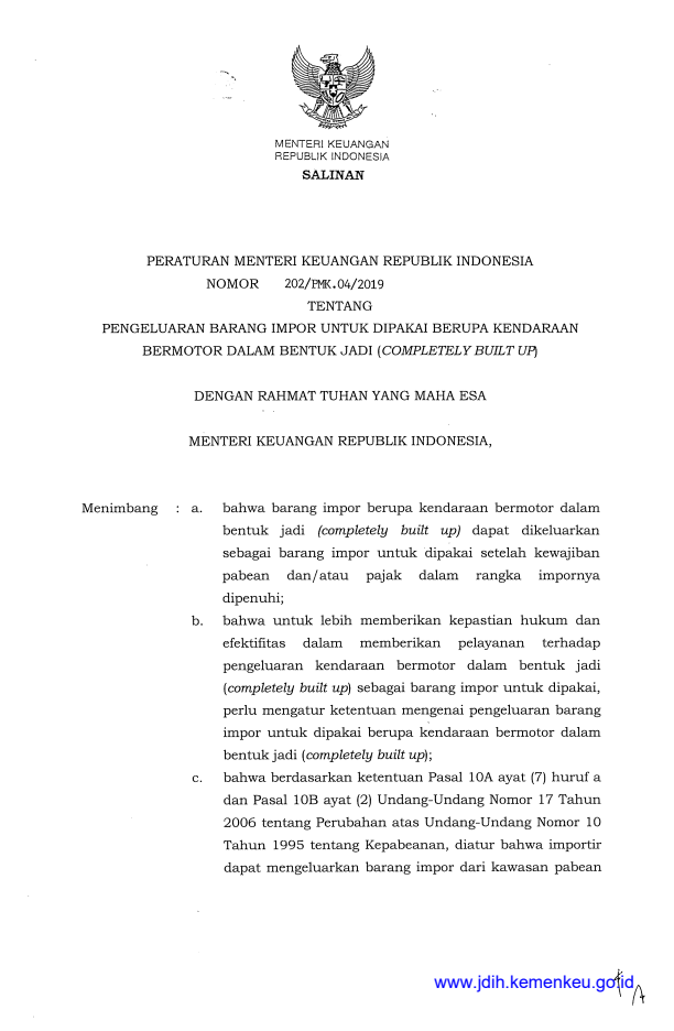 Peraturan Menteri Keuangan Nomor 202/PMK.04/2019