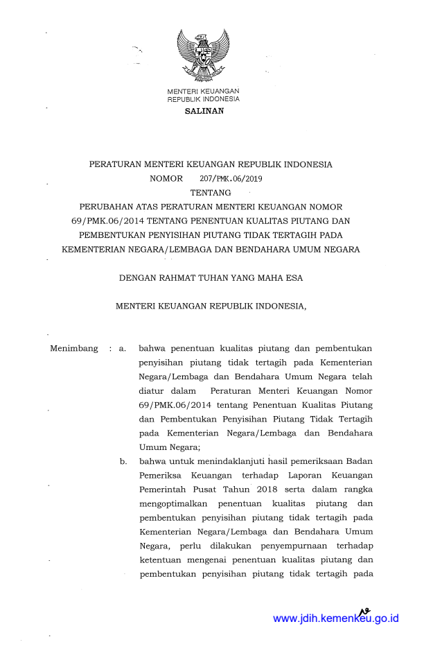 Peraturan Menteri Keuangan Nomor 207/PMK.06/2019