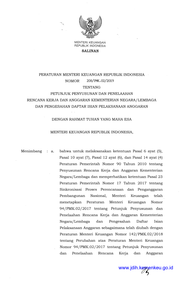 Peraturan Menteri Keuangan Nomor 208/PMK.02/2019