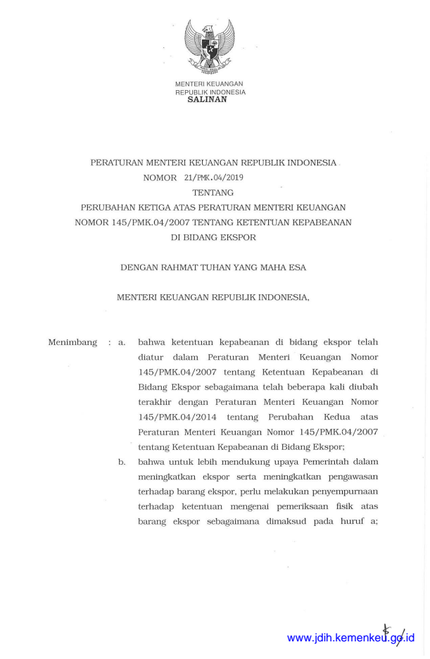 Peraturan Menteri Keuangan Nomor 21/PMK.04/2019