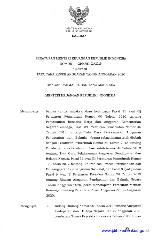 Peraturan Menteri Keuangan Nomor 210/PMK.02/2019