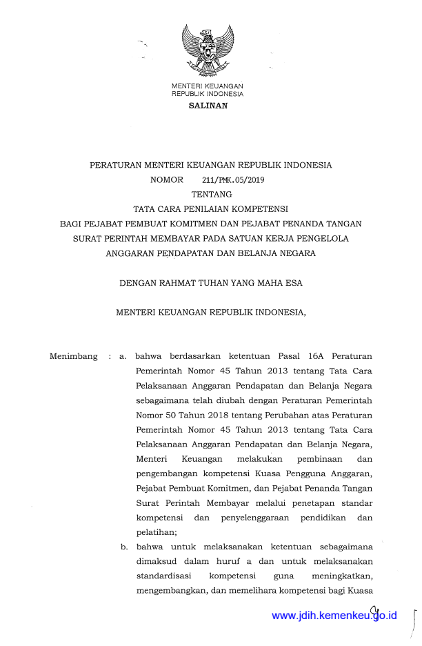 Peraturan Menteri Keuangan Nomor 211/PMK.05/2019