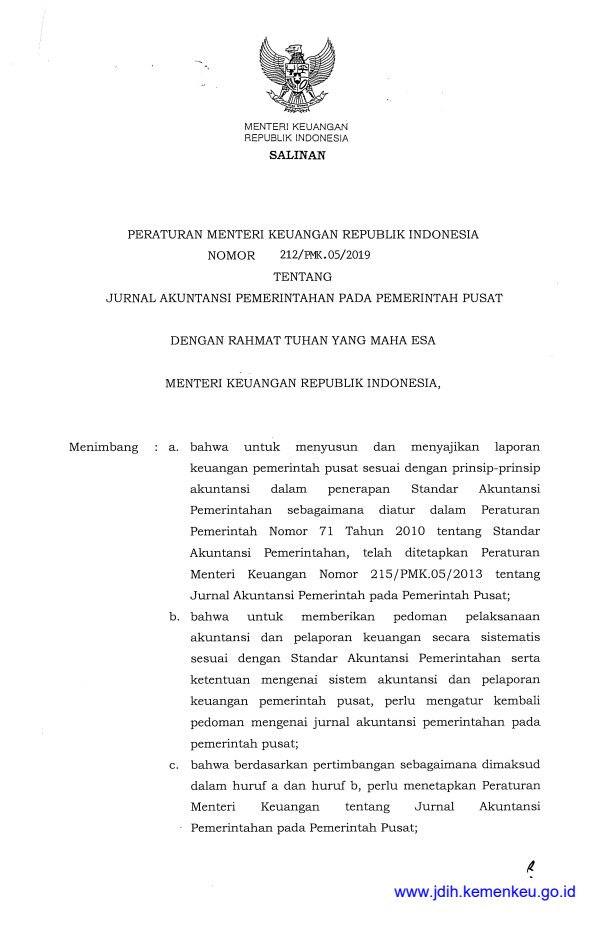 Peraturan Menteri Keuangan Nomor 212/PMK.05/2019