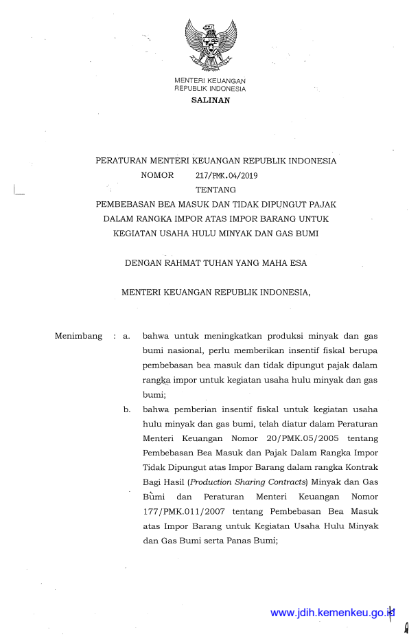 Peraturan Menteri Keuangan Nomor 217/PMK.04/2019