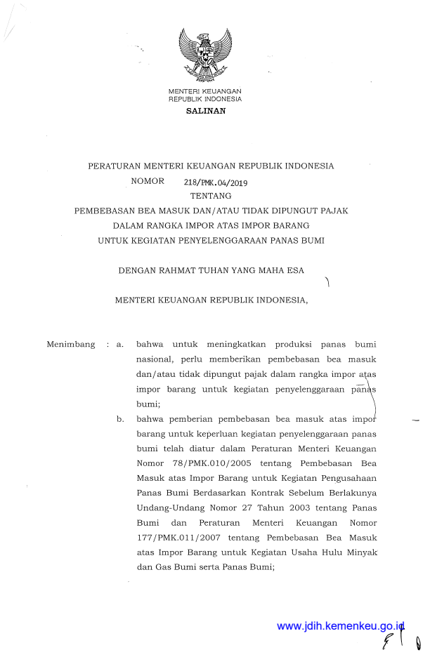 Peraturan Menteri Keuangan Nomor 218/PMK.04/2019