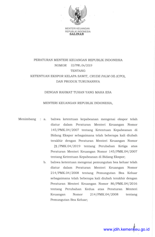 Peraturan Menteri Keuangan Nomor 22/PMK.04/2019