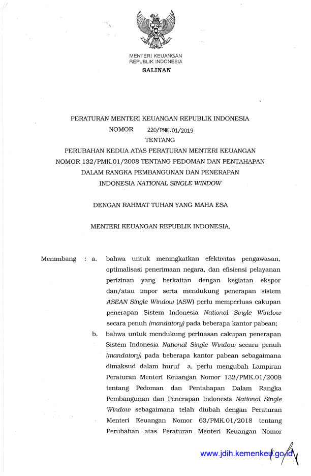 Peraturan Menteri Keuangan Nomor 220/PMK.01/2019