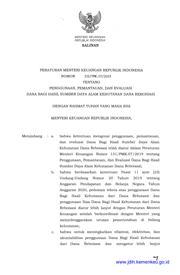 Peraturan Menteri Keuangan Nomor 221/PMK.07/2019