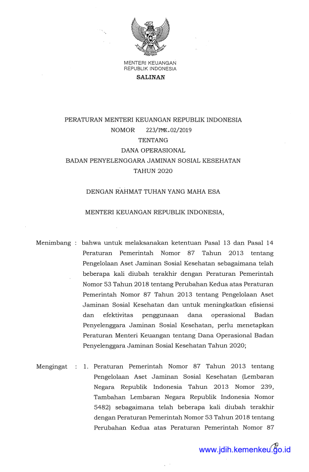 Peraturan Menteri Keuangan Nomor 223/PMK.02/2019