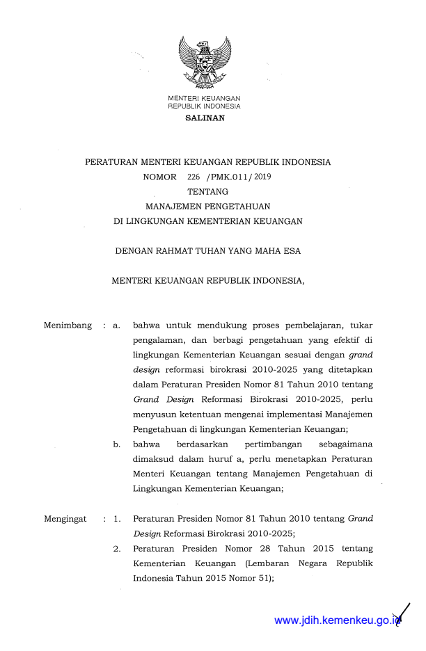 Peraturan Menteri Keuangan Nomor 226/PMK.011/2019