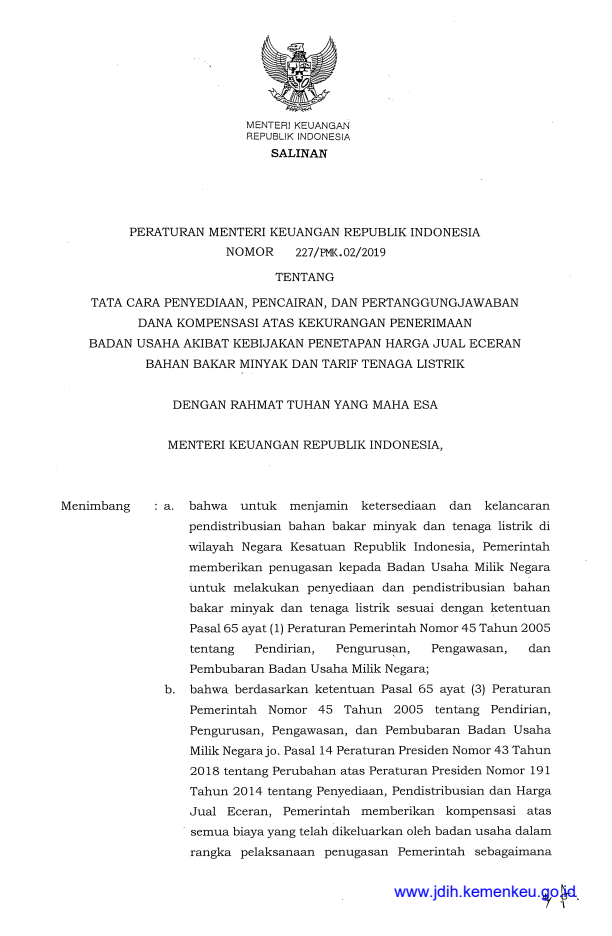 Peraturan Menteri Keuangan Nomor 227/PMK.02/2019