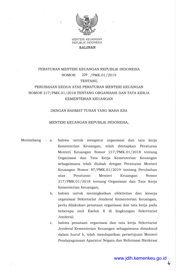 Peraturan Menteri Keuangan Nomor 229/PMK.01/2019