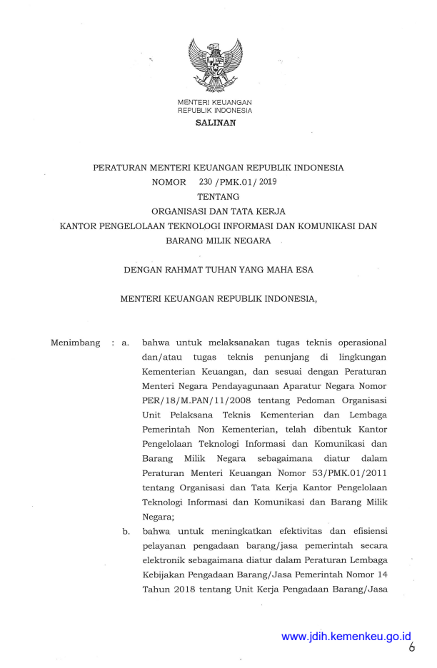 Peraturan Menteri Keuangan Nomor 230/PMK.01/2019