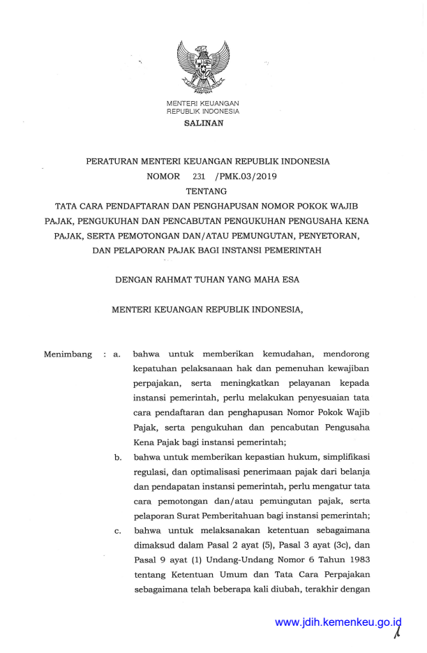 Peraturan Menteri Keuangan Nomor 231/PMK.03/2019