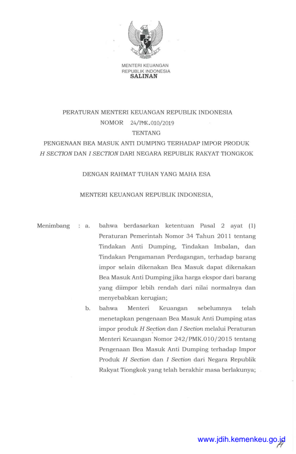 Peraturan Menteri Keuangan Nomor 24/PMK.010/2019