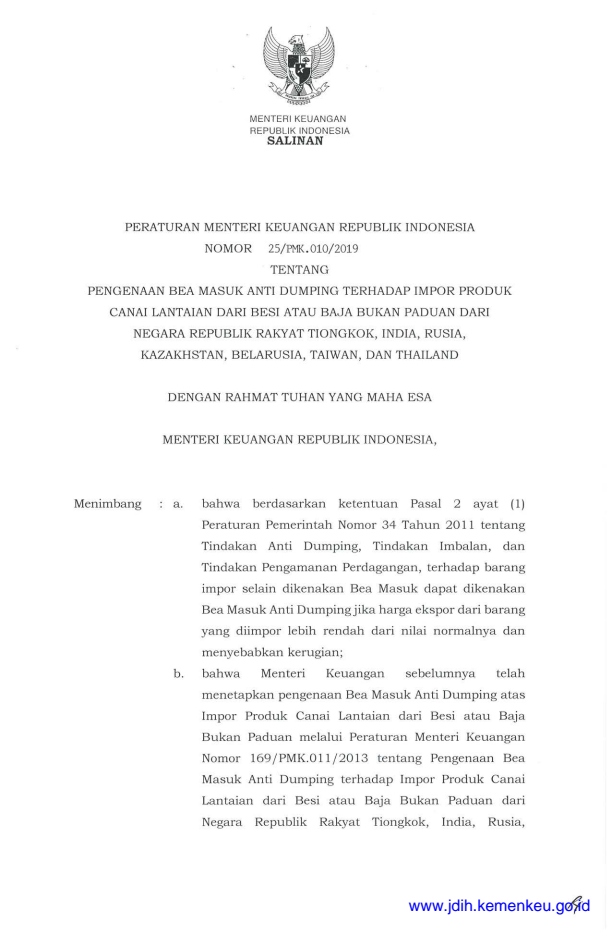 Peraturan Menteri Keuangan Nomor 25/PMK.010/2019