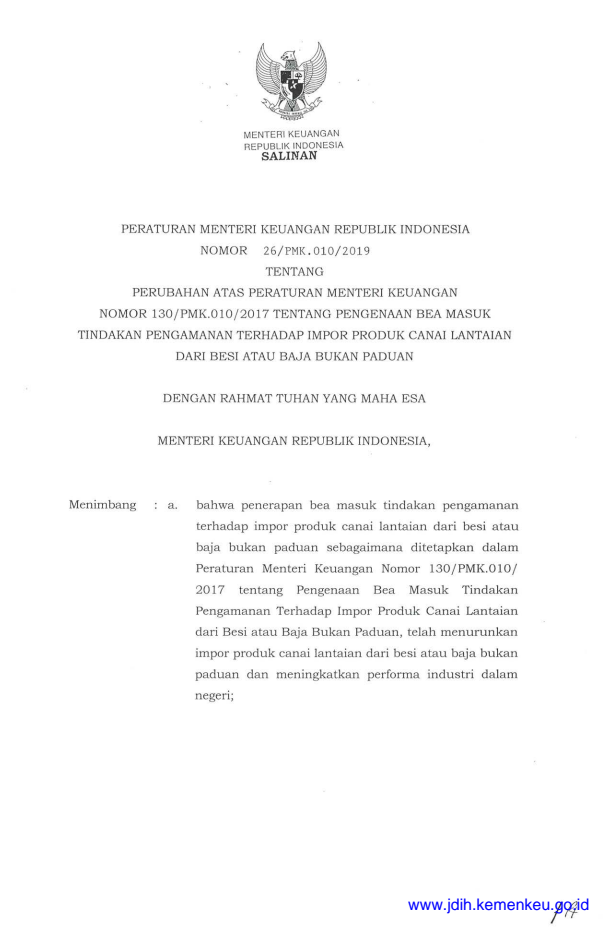 Peraturan Menteri Keuangan Nomor 26/PMK.010/2019