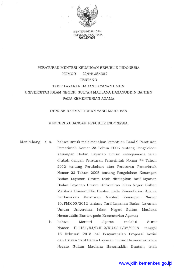 Peraturan Menteri Keuangan Nomor 29/PMK.05/2019