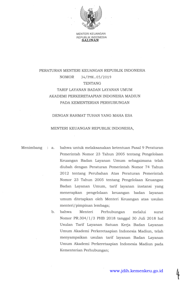 Peraturan Menteri Keuangan Nomor 34/PMK.05/2019