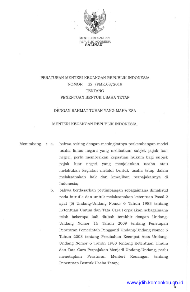 Peraturan Menteri Keuangan Nomor 35/PMK.03/2019