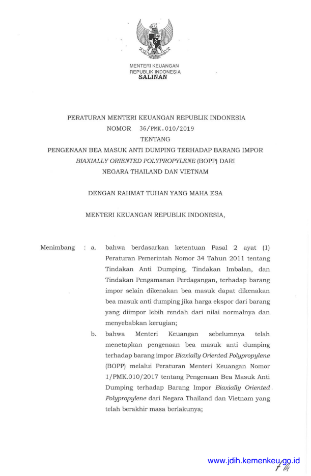 Peraturan Menteri Keuangan Nomor 36/PMK.010/2019