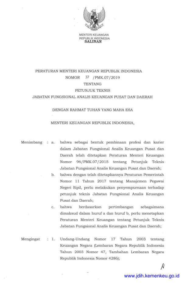 Peraturan Menteri Keuangan Nomor 37/PMK.07/2019