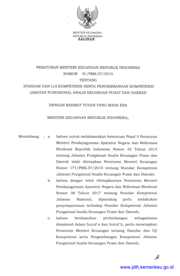 Peraturan Menteri Keuangan Nomor 38/PMK.07/2019