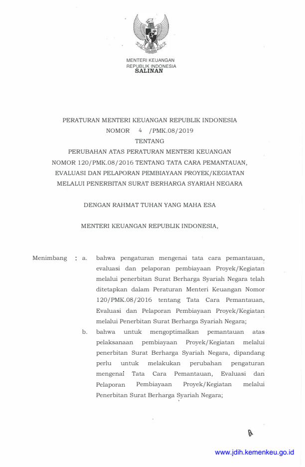 Peraturan Menteri Keuangan Nomor 4/PMK.08/2019