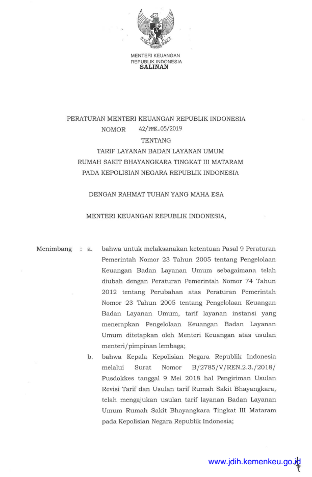 Peraturan Menteri Keuangan Nomor 42/PMK.05/2019