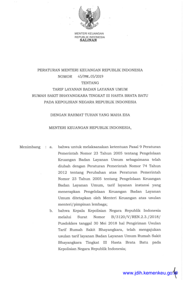 Peraturan Menteri Keuangan Nomor 45/PMK.05/2019