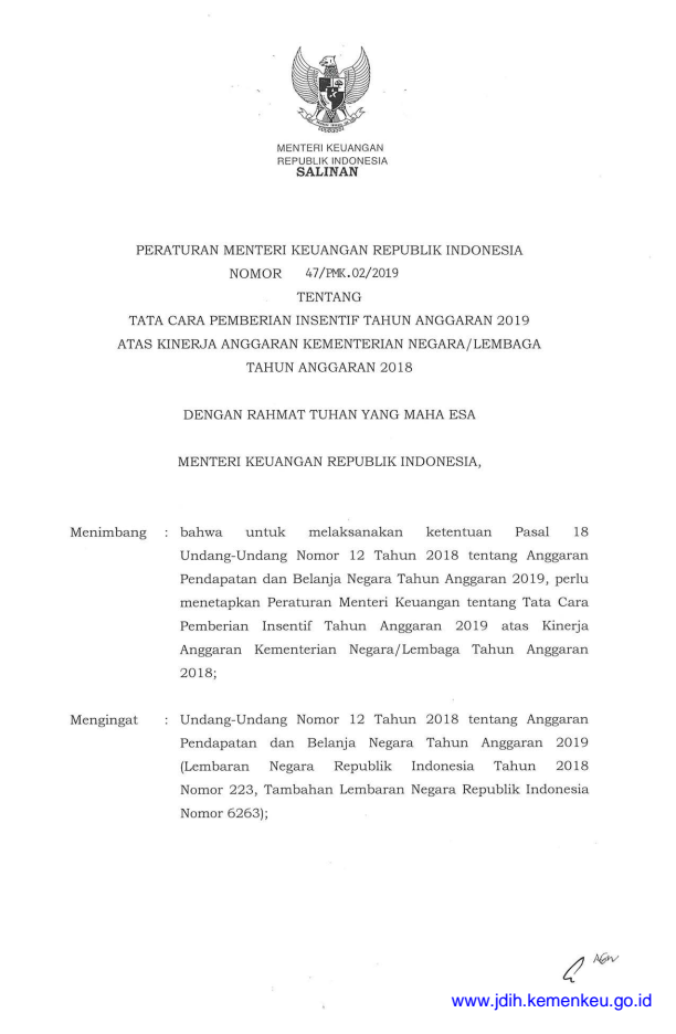 Peraturan Menteri Keuangan Nomor 47/PMK.02/2019