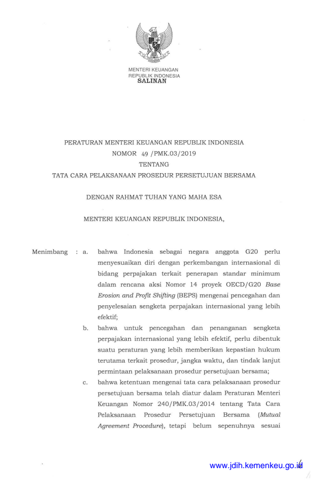 Peraturan Menteri Keuangan Nomor 49/PMK.03/2019