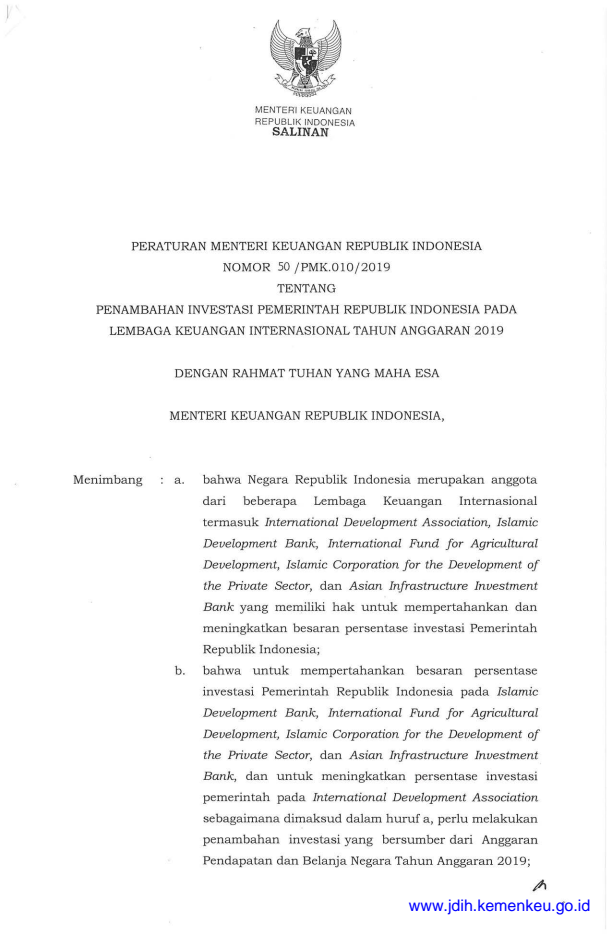 Peraturan Menteri Keuangan Nomor 50/PMK.010/2019