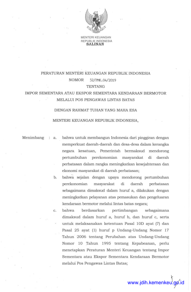 Peraturan Menteri Keuangan Nomor 52/PMK.04/2019